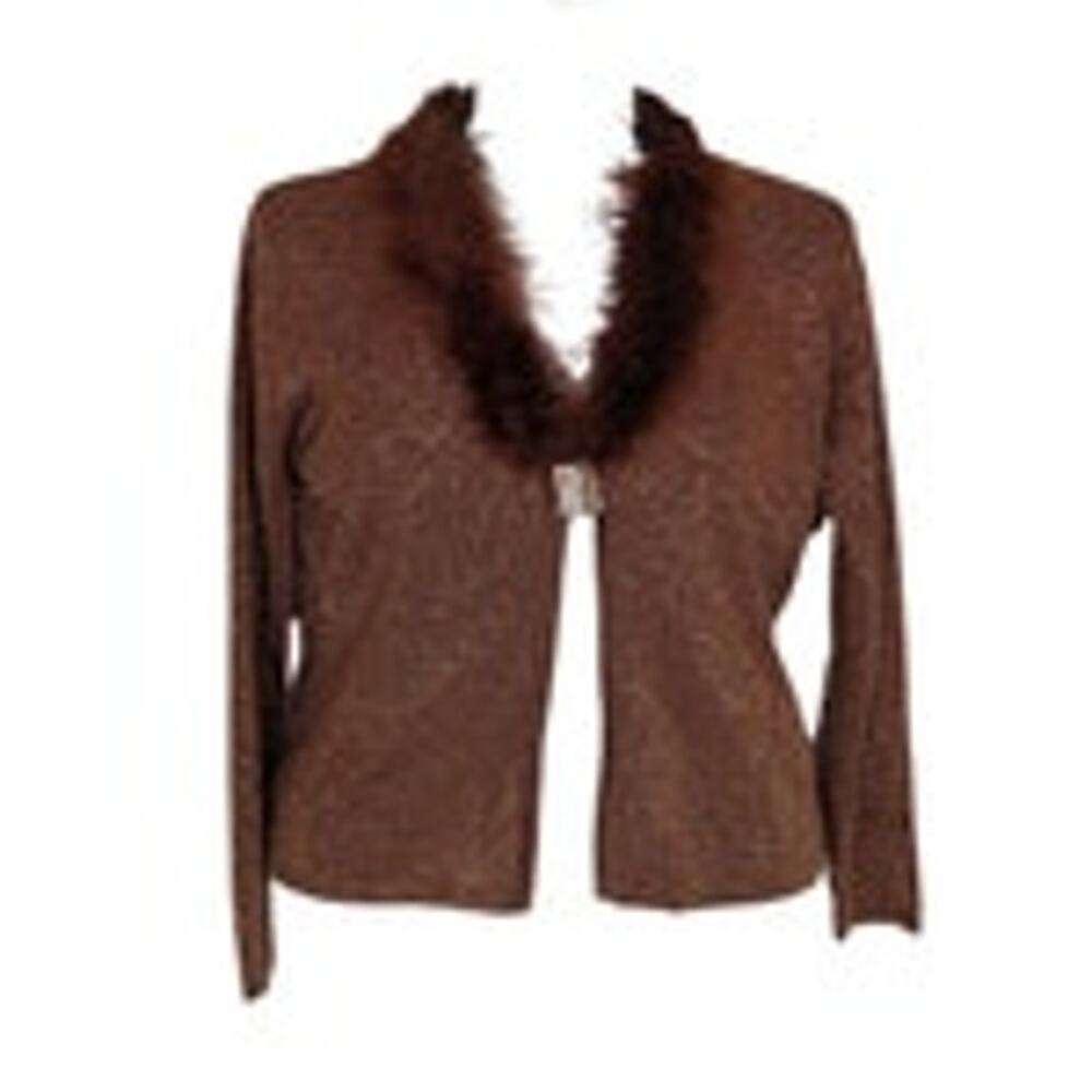 Vintage 90s Joseph A. silk copper metallic feather neckline cardigan size large